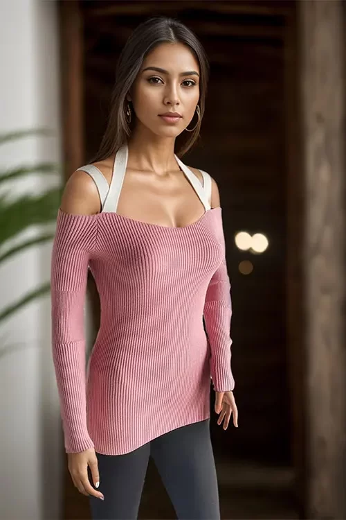 women Long Sleeves tops v neck soft Elastic Cuffs Loose Popcorn Solid Color Ribbed Hem spring Lounger Pink Sweater