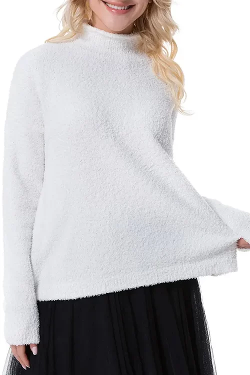 Women’s Turtleneck Sherpa Pullover Long Sleeve Fuzzy Sweater Spring Comfy Outwear Slouchy Tops Basic Knit Top