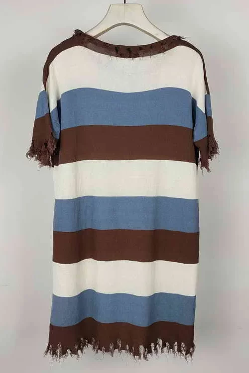 women Short Sleeves Outwear Crew Neck sherpa Jumper Wrinkle Free colored stripes Ribbed Hem summer Long Dress Lounger