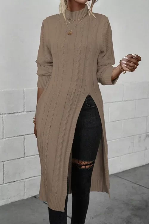 Women’s Long Sweater Knitted Side Slit pullover Long Sleeves Top turtleneck Pullover Fall And Winter Fashion Coat