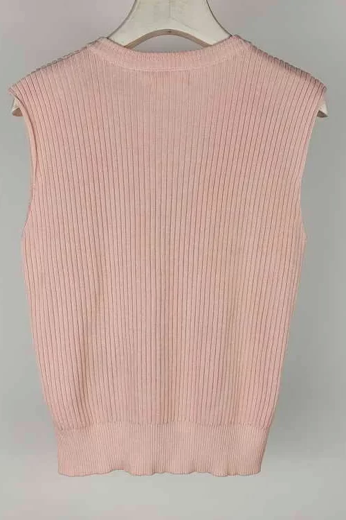 women Pink Vest Sleeveless draped sweater v neck cable Kangaroo Pocket Casual Solid Color Ribbed Hem summer Legging