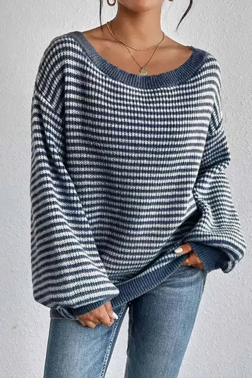 women Long Sleeves sweaters crewneck fuzzy Elastic Cuffs lightweight Wrap stripes Loose spring comfortable