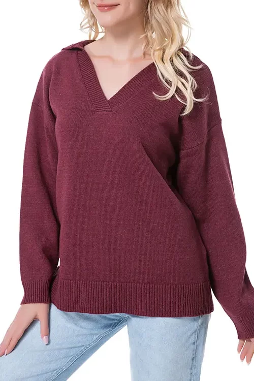 Womens V Neck polo casual Knit Cropped Top Long Sleeve Pullover Lightweight Crop Spring And Fall Sweater