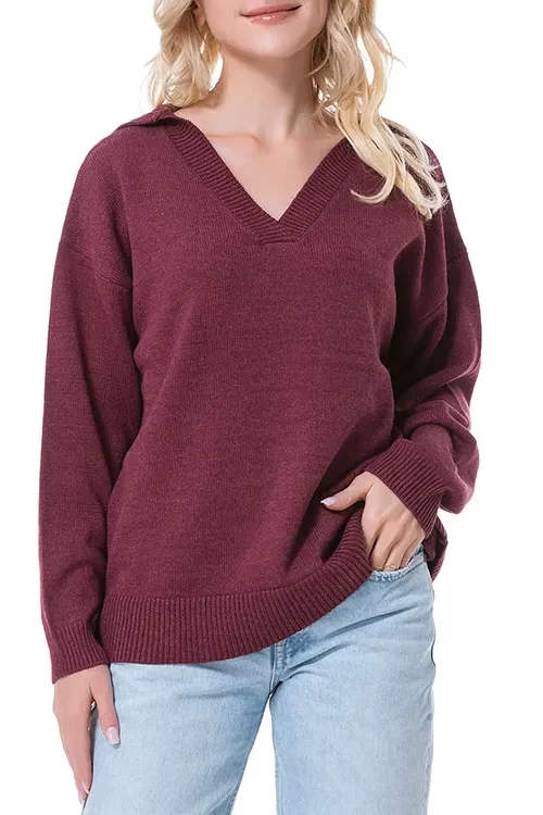 Womens V Neck polo casual Knit Cropped Top Long Sleeve Pullover Crop Spring And Fall Sweater