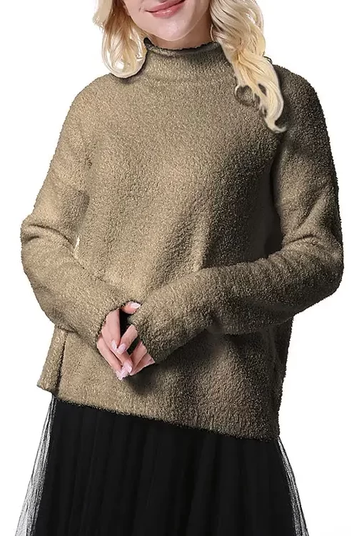 Women’s Turtleneck Sherpa Pullover Long Sleeve Fuzzy Sweater Fall Comfy Outwear Slouchy Tops Basic Knit Top